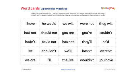 Apostrophe matching game cards