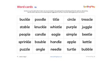 Word sorting cards: